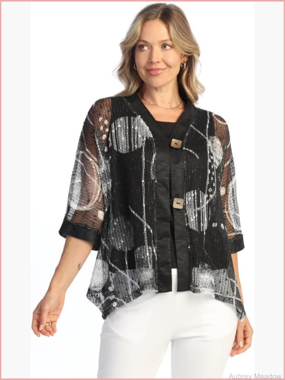 Lightweight Boucle Mesh Cardigan with Two Button Closure - 3/4 Sleeve